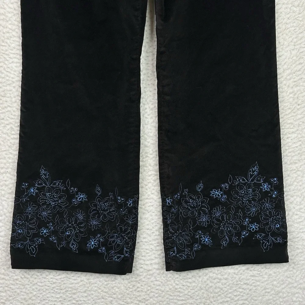 Sigrid Olsen Sport Black Velvet Pants Wide Leg Floral‎ Embroidery Hem Petite 8P